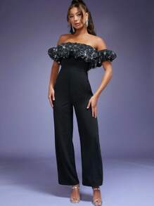 SHEIN Unity Enterizo De Lentejuelas Con Volantes Y Escote Descubierto - Negro - Ver 5