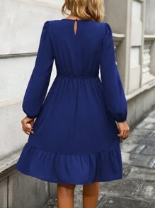 SHEIN LUNE Guipure Lace Insert Lantern Sleeve Ruffle Hem Dress - Royal Blue - View 2