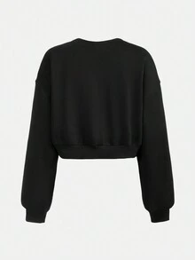 SHEIN 青少年女孩字母刺繡落肩袖套頭衫 - 黑色 - 查看 2