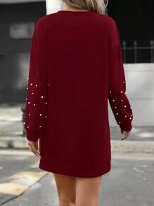 SHEIN LUNE 珍珠串珠落肩袖衛衣洋裝 - 酒紅色 - 查看 2