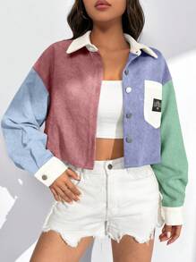 SHEIN EZwear Áo khoác ngắn cài nút có túi vá chữ bằng vải nhung kẻ cho mùa thu/đông - Nhiều màu - Xem 7