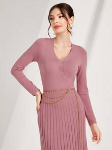 Modelyn Surplice Neck Pleated Hem Sweater Dress