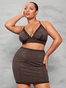 SHEIN BAE Plus Rhinestone Crop Cami Top & Bodycon Skirt - Coffee Brown - View 5