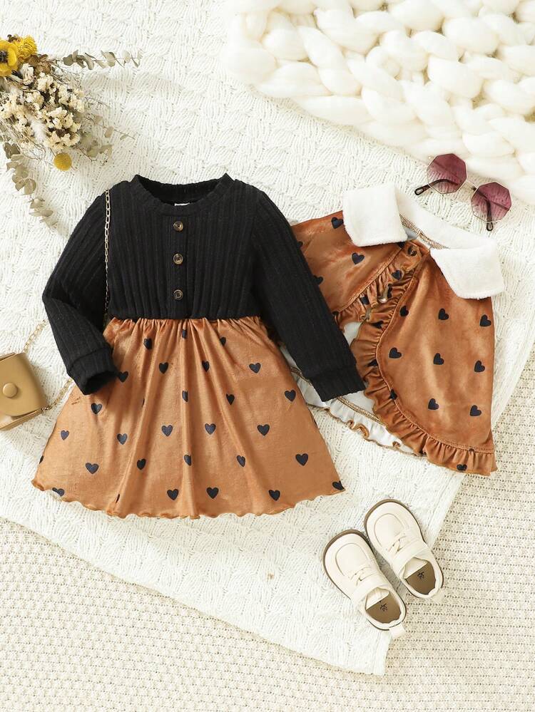Baby Girls' Heart Print Cape And Black Mesh Contrast Long Sleeve Dress