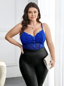 SHEIN Privé Plus Floral Lace Cami Bodysuit - Royal Blue - View 6