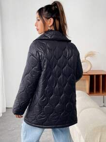 SHEIN Unity Shawl Collar Slant Pocket Quilted Padded Coat Clothes Winter - Black - View 2