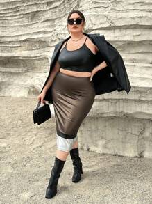 SHEIN Privé Plus Solid Cami Top & Colorblock Pencil Skirt