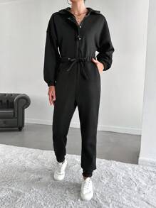 EURMUSE Solid Drop Shoulder Shirt Jumpsuit - Black - View 3