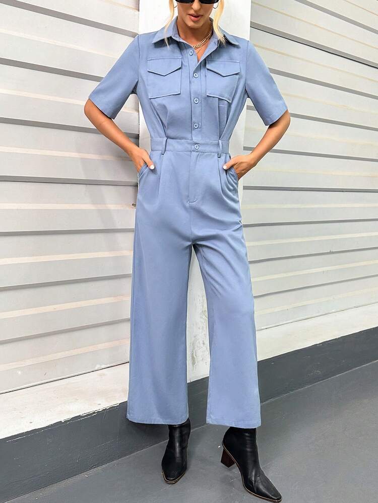 Flap Pocket Shirt Jumpsuit
