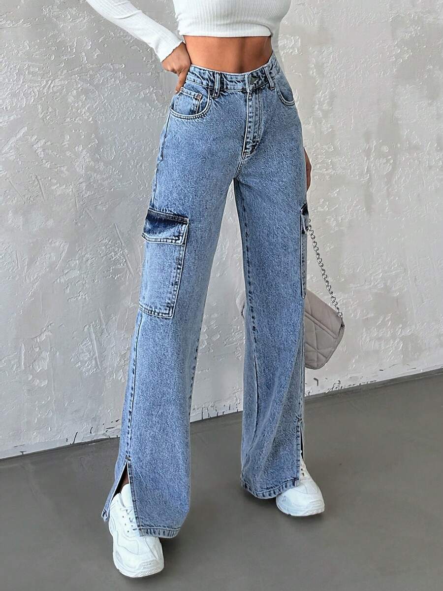 EURMUSE Women's Flap Pocket Washed Denim Jeans - Blue - View 1