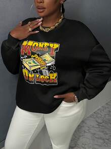 Slaydiva Plus Lock & Letter Graphic Drop Shoulder Sweatshirt - Black - View 3