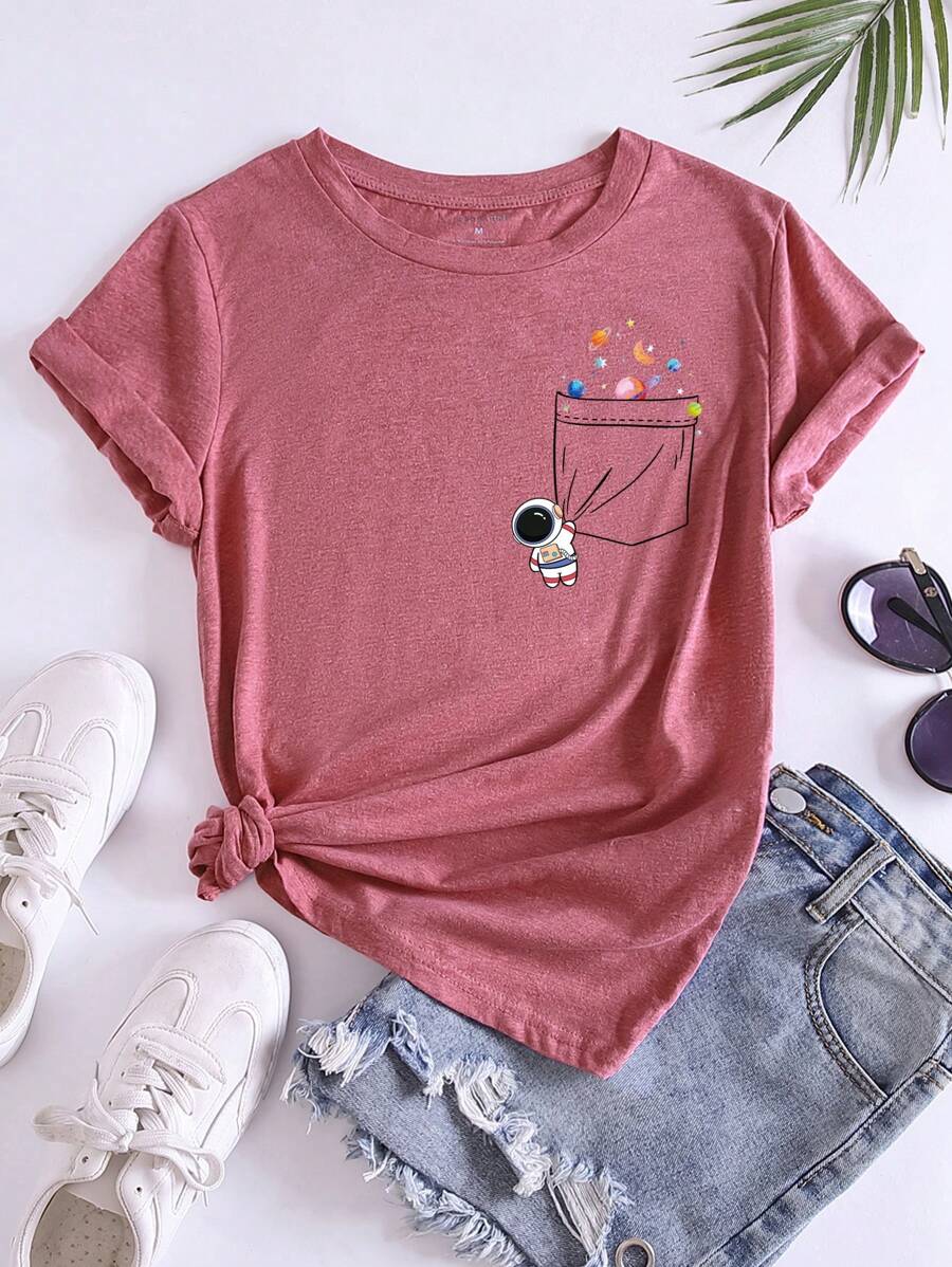 SHEIN Essnce Cartoon Graphic Tee - Coral Pink - View 1