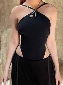 SHEIN EZwear Crisscross Backless Halter Bodysuit - Black - View 2