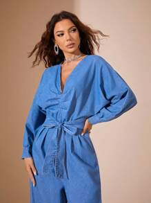 tay cánh Xù Thắt lưng Denim Áo liền quần - Màu xanh lam - Xem 1