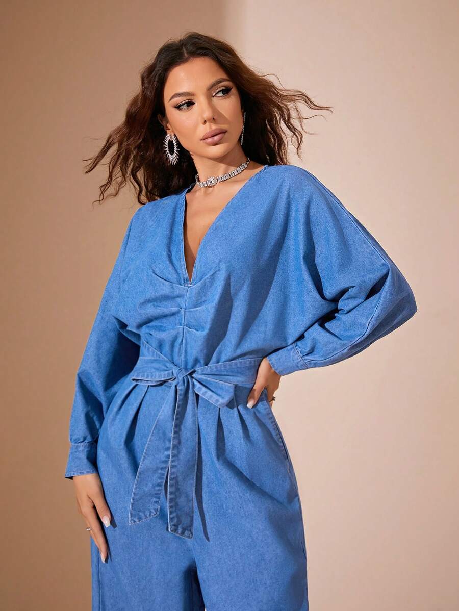 tay cánh Xù Thắt lưng Denim Áo liền quần - Màu xanh lam - Xem 1