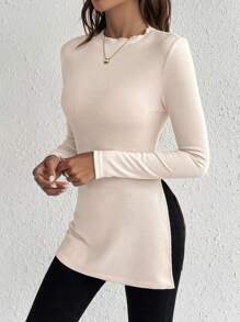 SHEIN Frenchy Solid Split Hem Tee - Apricot - View 3