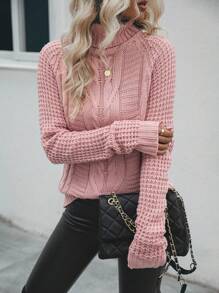 SHEIN LUNE Áo cao cổ Tay Raglan Xoắn Dan Áo len - Bụi hồng - Xem 3