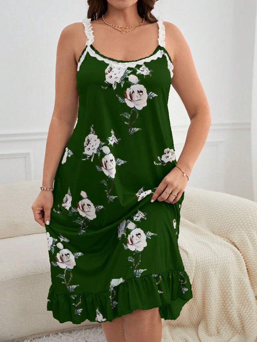 Cộng với Váy ngủ Pyjama Ruffle Hem Cami in hoa - Màu xanh lá cây đậm - Xem 1