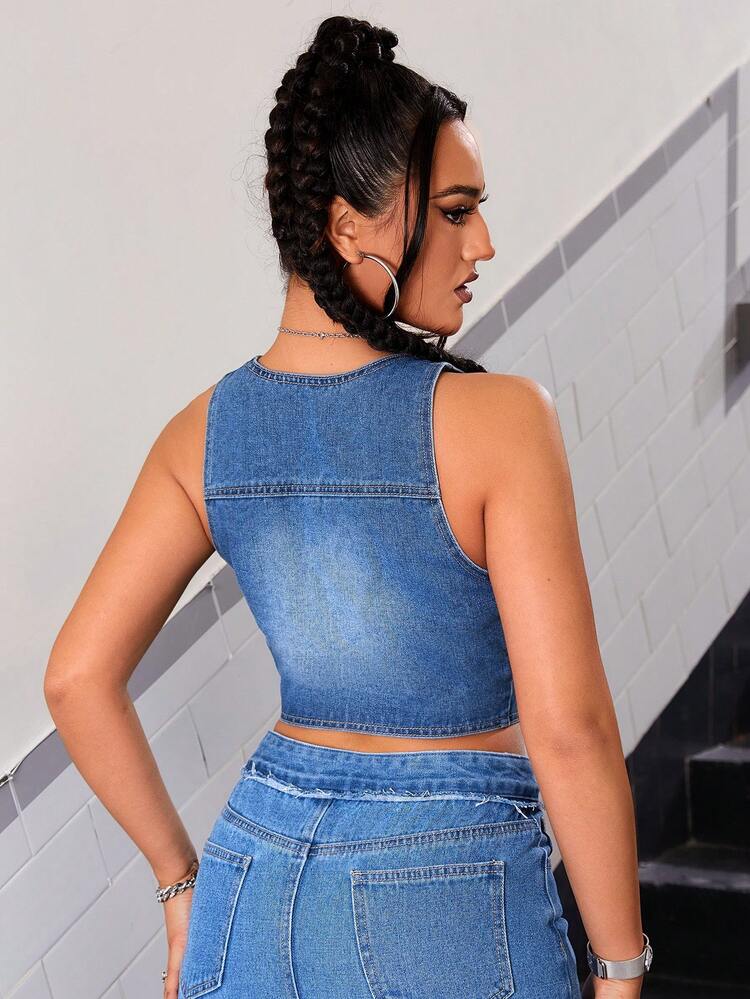 Lace Up Front Crop Tank Denim Top