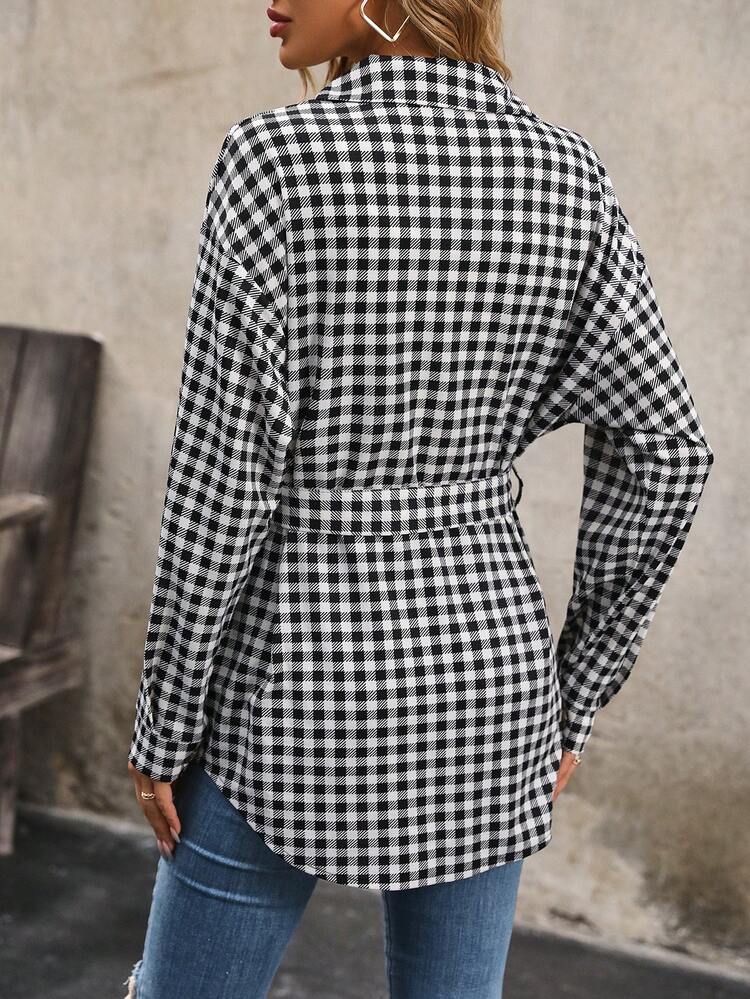 Gingham Print Flap Detail Drop Shoulder Belted Coat