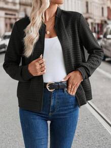 EMERY ROSE Solid Zip Up Bomber Jacket Fall Winter Cloth For Women - Black - View 4