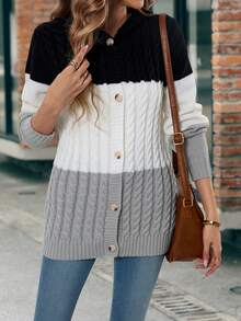 SHEIN LUNE Color Block Cable Knit Button Front Hooded Cardigan - Multicolor - View 4