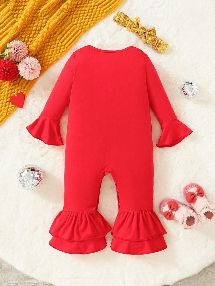 Baby Girl Letter Graphic Flounce Sleeve Ruffle Hem Jumpsuit With Headband