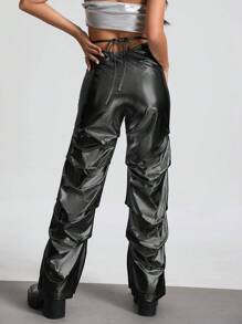 SHEIN Unity Tie Front Ruched Pants Fall Cloth For Women - Black - View 2