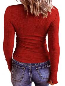 Half Button Scoop Neck Tee - Burgundy - View 2