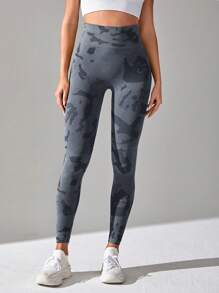 Easithlete Graphic Print Wide Waistband Sports Leggings - Black - View 5