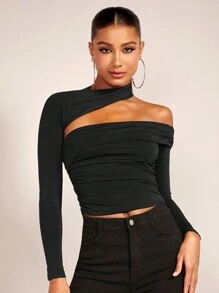 SHEIN BAE 不對稱領側收褶短款上衣 - 黑色 - 查看 4