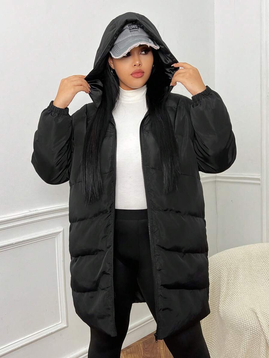 SHEIN EZwear Plus Zip Up Hooded Padded Coat - Black - View 1