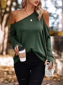 SHEIN LUNE Asymmetrical Neck Cut Out Shoulder Sweatshirt - Green - View 4