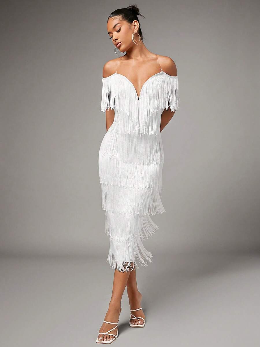 SHEIN BAE 挖肩流蘇邊緊身洋裝 - 白色 - 查看 1