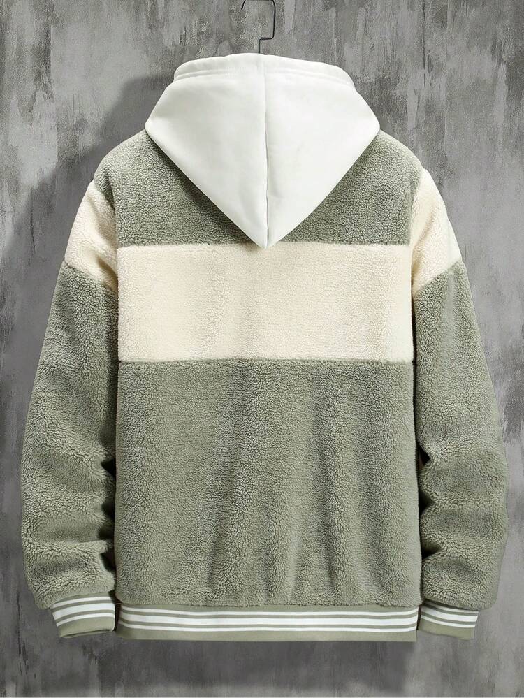 Men Letter Embroidery Striped Trim Teddy Varsity Loose Jacket Without Hoodie