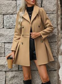 Chiquease Lapel Neck Double Breasted Fold Pleated Detail Overcoat - Khaki - View 5