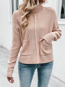 SHEIN LUNE 高领落肩口袋拼接针织套头衫秋冬毛衣 - 藕粉色 - 查看 6