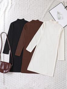 SHEIN Cô gái Tween 3pcs Cổ giả Đồ đan Ribbed Váy áo thun - Đen và trắng - Xem 2