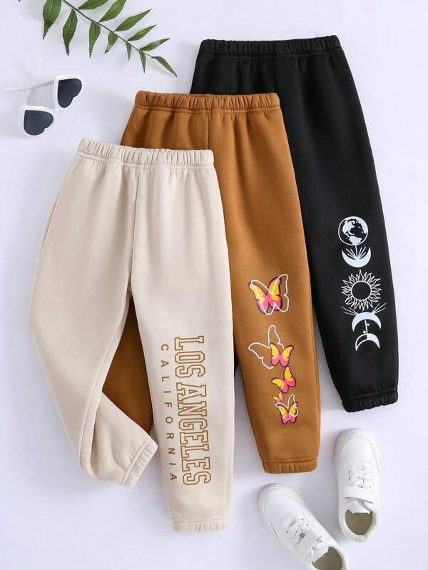 SHEIN 3-teiliges Set für Kleine Mädchen: Jogginghose/Jogginghose mit Buchstaben-, Schmetterlings- und Mond-Muster, locker geschnittene Hose für Kleine Mädchen