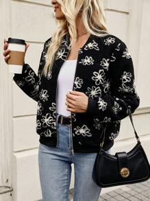 SHEIN LUNE 花卉圖案拉鏈開襟絨毛飛行員夾克 - 彩色 - 查看 6