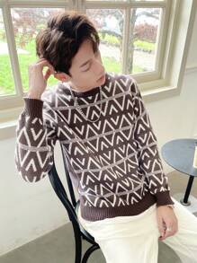 Claim Dot Men's Geometric Pattern Sweater - Coffee Brown - View 4