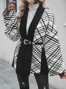 SHEIN LUNE Áo Cardigan trễ vai họa tiết tương phản không có thắt lưng - Nhiều màu - Xem 3