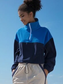 In My Nature Two Tone Half Zip Drawstring Hem Outdoor Fleece Sweatshirt - Navy Blue - View 5