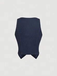 SHEIN MOD Cazadora chaleco con botón delantero sin camisa - Azul - Ver 2