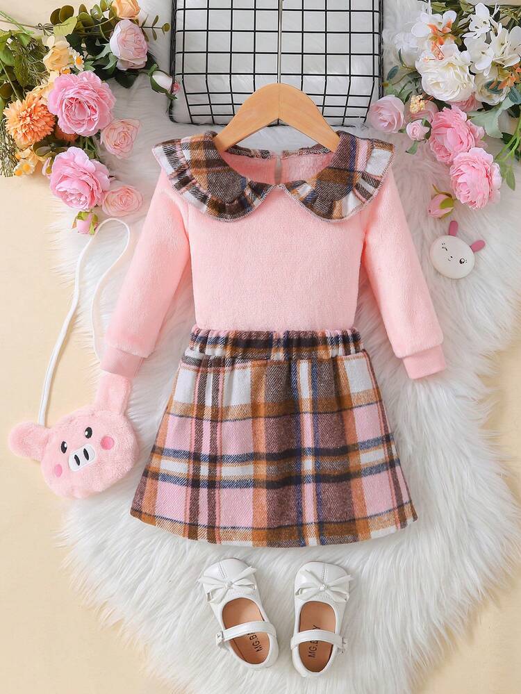 Baby Girl Plaid Print Peter Pan Collar Tee & Skirt