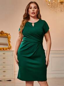 CurvySweet Hơn Đường viền cổ có rãnh Viền ven Đầm - Màu xanh lá cây đậm - Xem 7