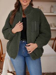 SHEIN LUNE Plus Zip Up Drop Shoulder Jacket - Green - View 1