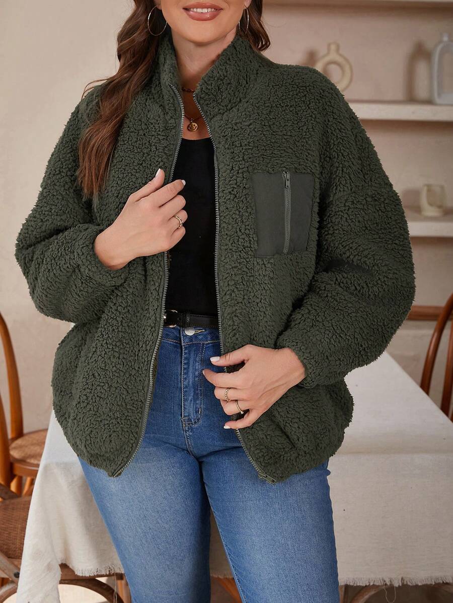 SHEIN LUNE Plus Zip Up Drop Shoulder Jacket - Green - View 1