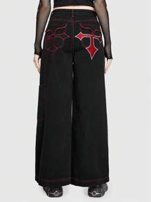 ROMWE Grunge Punk 刺繡細節寬腳無彈黑色牛仔褲,不含腰帶