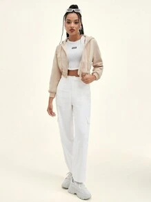 SHEIN EZwear 纯色抽绳拉链短款保暖连帽衫，适合毕业季、教师节、返校季等场合。 - 杏色 - 查看 7